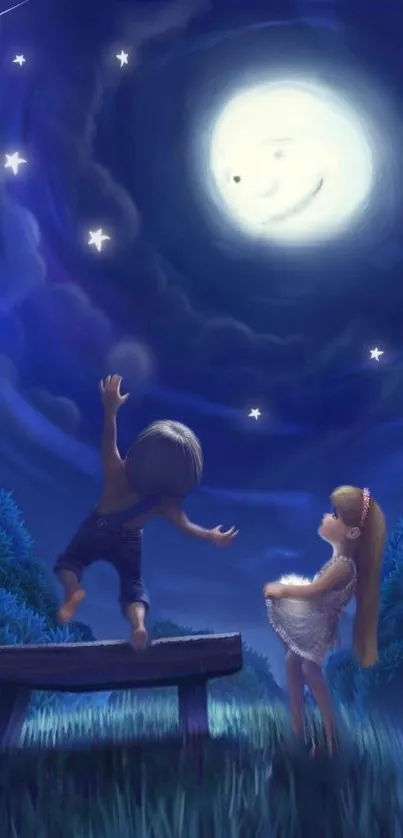 Children reaching for the stars under a luminous night sky.