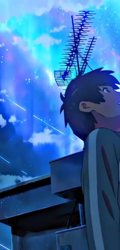 Animated character gazing at starry sky filled with vibrant colors.