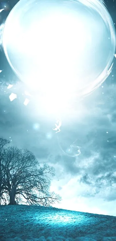 Fantasy night sky wallpaper with glowing orb and silhouetted tree.