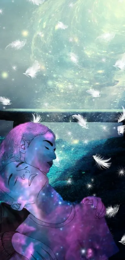 Dreamy digital artwork of a cosmic night sky with feathers and surreal elements.