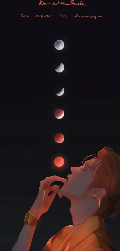 Artistic night sky wallpaper with moon phases and silhouette.