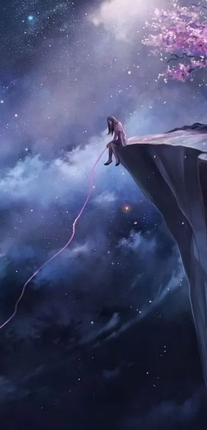 Mystical night sky art with a figure on a cliff and cherry blossoms.