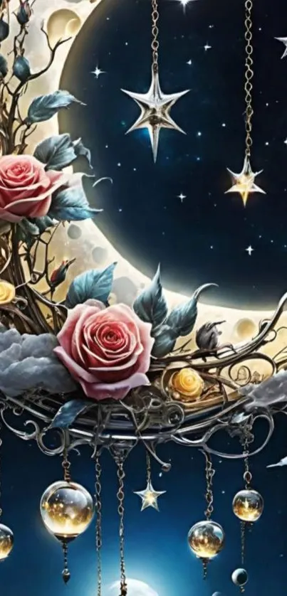 Dreamy night sky with roses and stars.