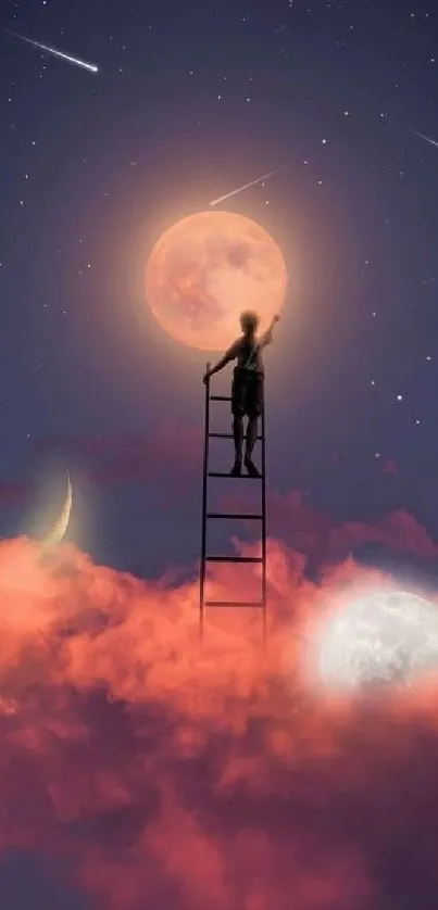 A ladder reaching up to the moon through dreamy clouds under a starry night sky.