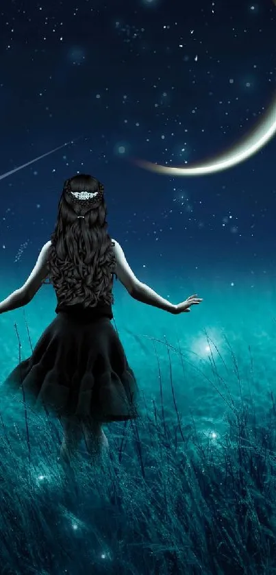 A girl in a teal-hued field under a crescent moon with glowing stars.