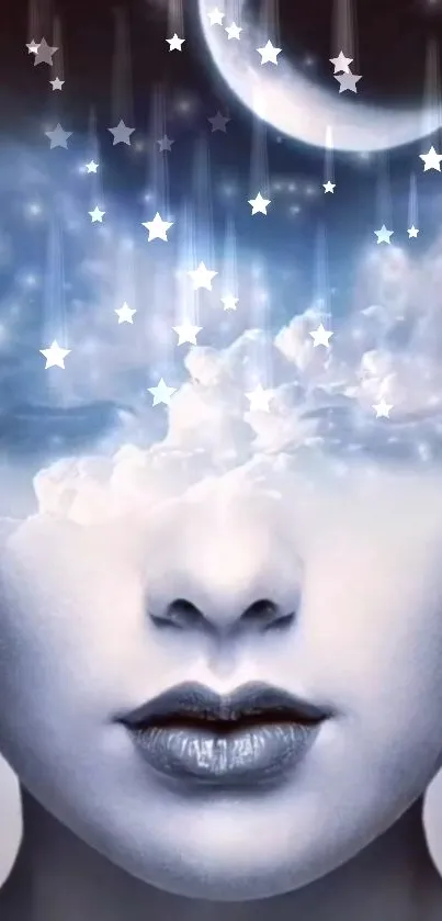 Surreal night sky art with a face, clouds, and stars.