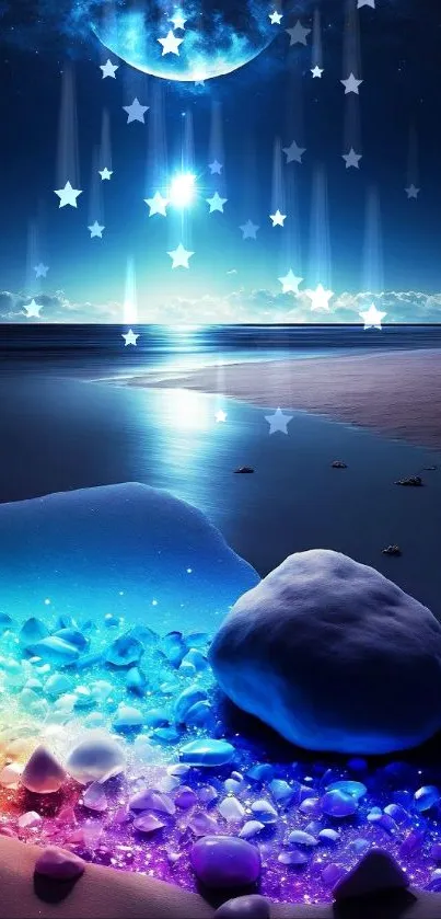 Mesmerizing night sky and beach with rainbow stones glowing.