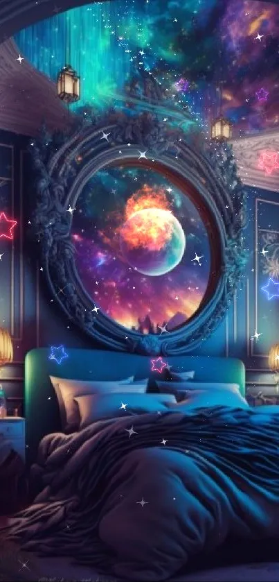 Dreamy galaxy-themed bedroom with a celestial ceiling.