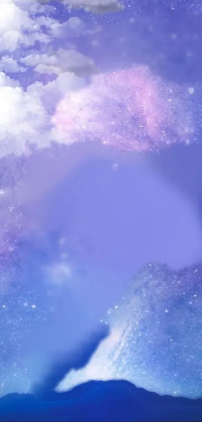 Dreamy night sky with purple clouds and stardust.