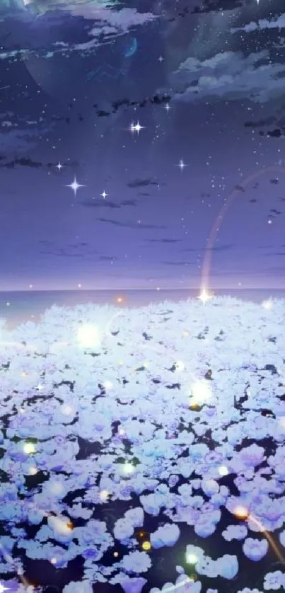 Starry night sky over a glowing flower field.