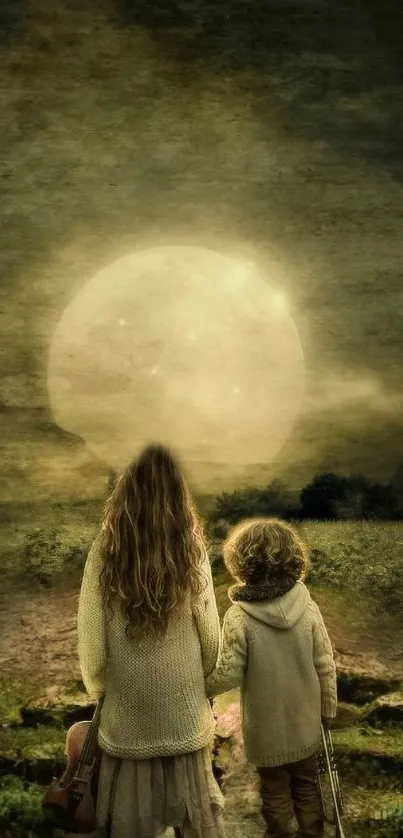 Two children under a glowing moonlit sky, surrounded by nature.