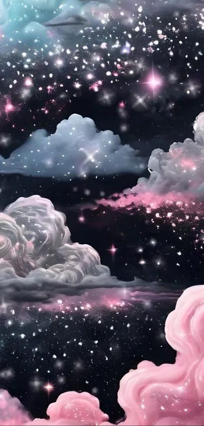 Pink and blue clouds with stars in a night sky.