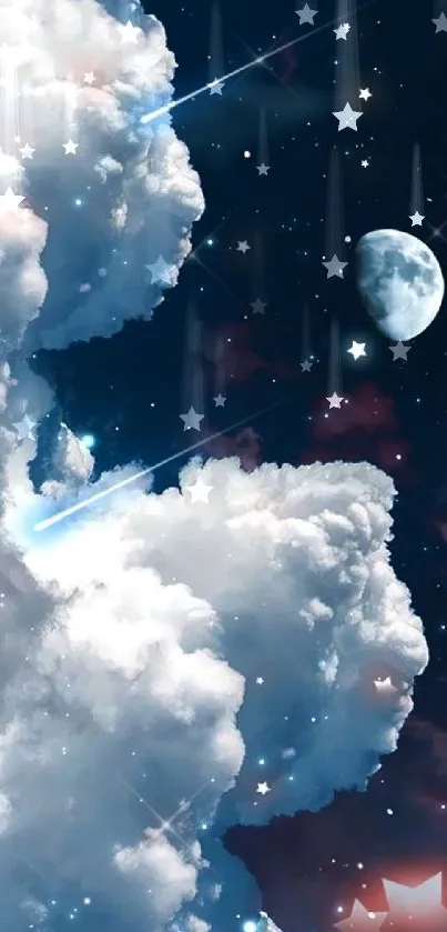 Dreamy clouds in a starry night sky with moon.