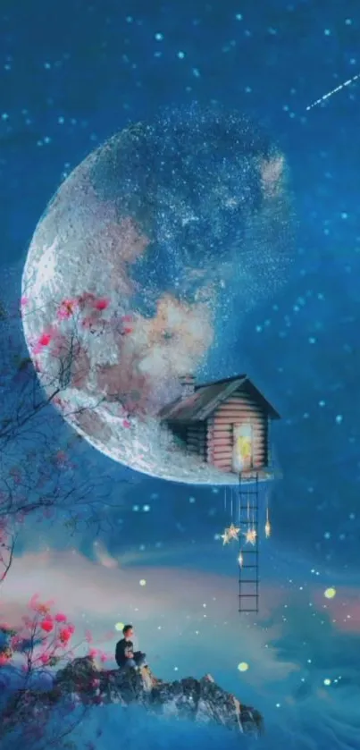 Dreamy night sky with moon and cabin wallpaper