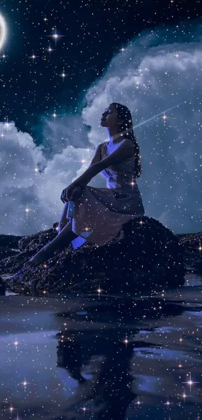 Woman sitting under a starry night sky with a full moon and glowing clouds.