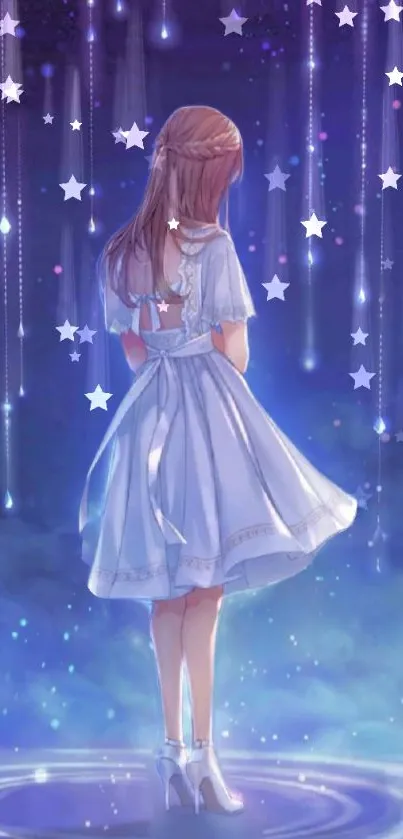 Dreamy fantasy art of a girl under a starry night sky.