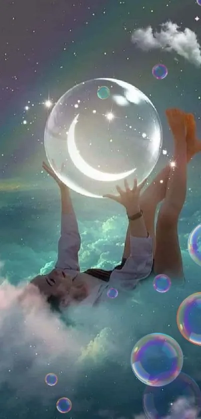 Fantasy art of girl in clouds holding crescent moon against a starry sky.