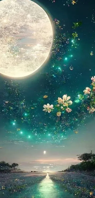 Dreamy night sky with moon and flowers.