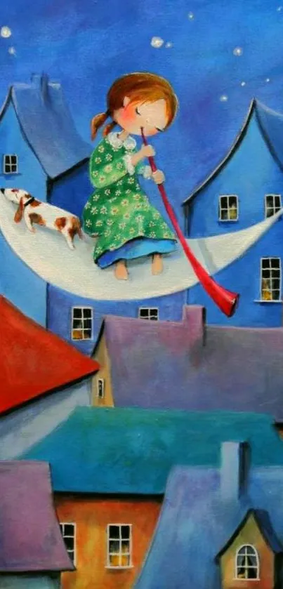 Whimsical night scene with girl and dog on the moon surrounded by colorful rooftops.