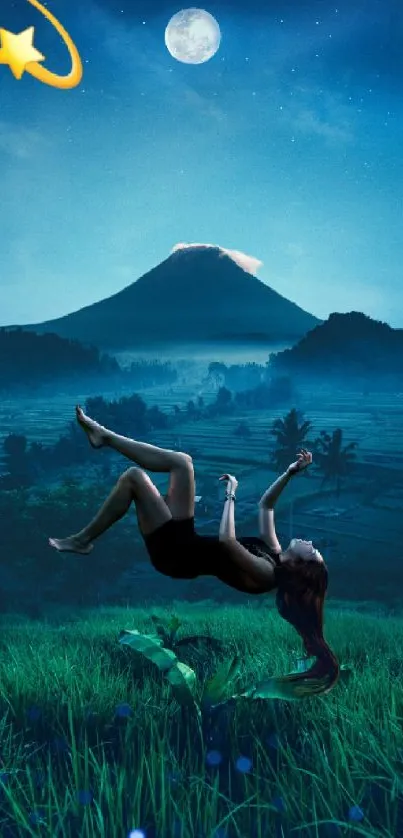 A surreal scene with a floating figure under a bright moonlit sky by a mountain.