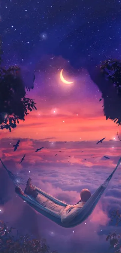 Dreamy hammock under starry dusk sky with crescent moon.