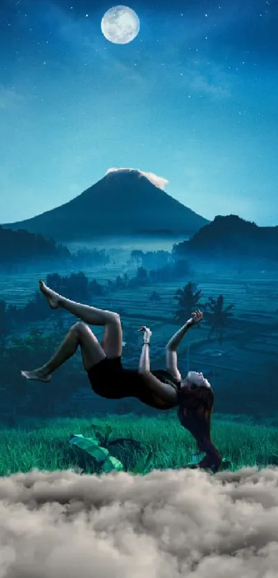 Surreal night landscape with mountain and floating figure under moonlit sky.