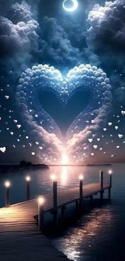 Heart-shaped cloud over moonlit lake with dock.