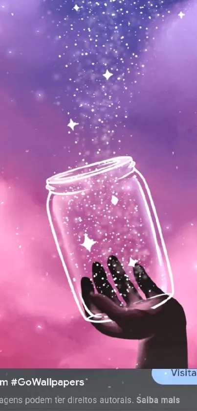 Hand holding a glowing jar of stars against a purple sky.