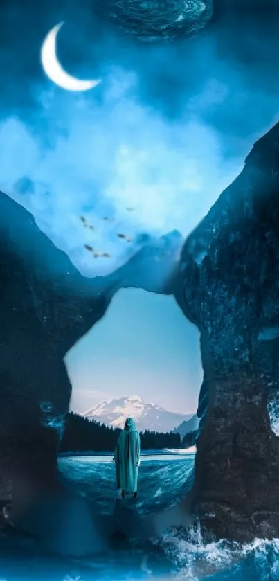 Mystical blue night scene with crescent moon and mountains.