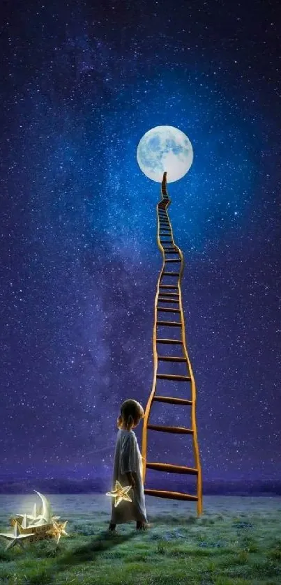 Ladder reaching to the moon under a starry night sky with enchanting blue hues.