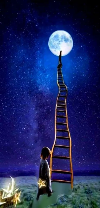 Surreal ladder reaching a bright full moon in a starry indigo sky.