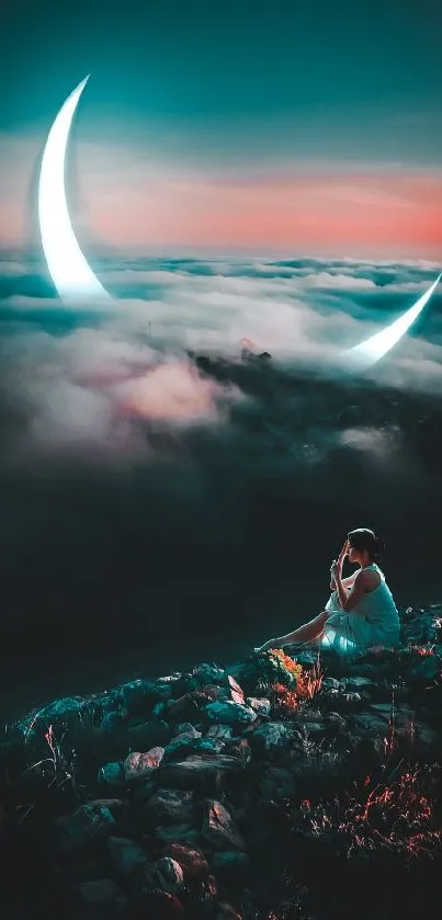 Woman under crescent moon and clouds on mountain.