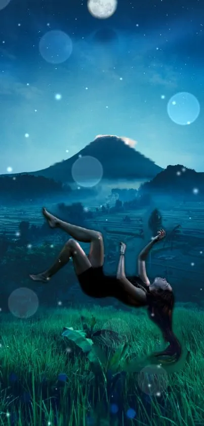 A mystical landscape with floating figure under a starry night sky.