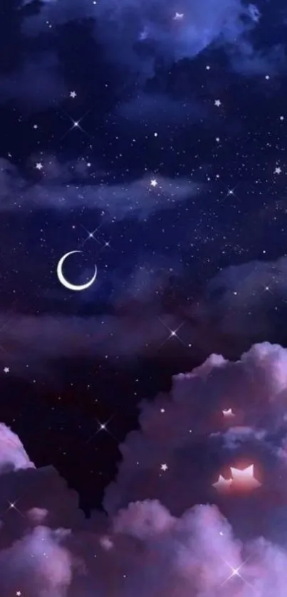 Night sky with crescent moon and stars wallpaper.