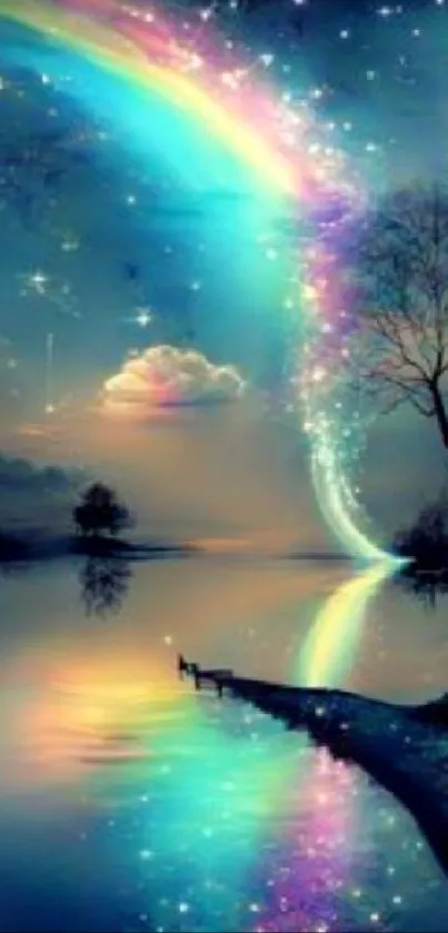 Magical night landscape with rainbow reflection and stars.