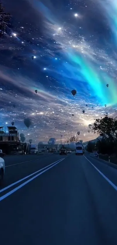 Nighttime road with auroras and balloons.