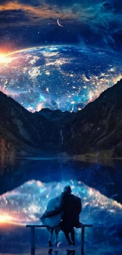 Couple enjoying a starry night by a reflective lake under a cosmic sky.