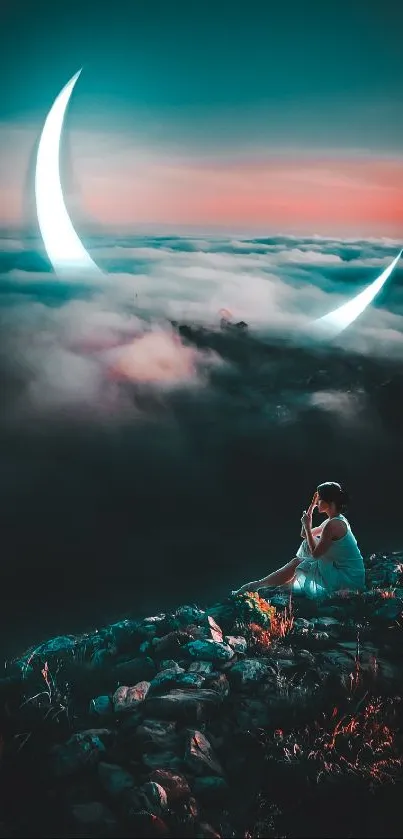 Woman on cliff with crescent moon in night sky wallpaper.