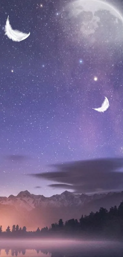 Dreamy night sky with moon and feathers over tranquil landscape.