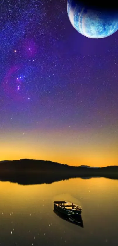 Boat on lake under starry night with planet.