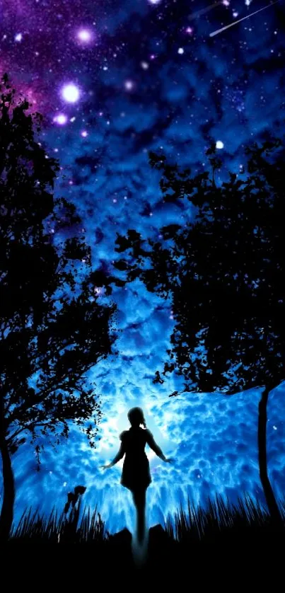 Silhouette under a vivid starry night sky with blue and purple hues.