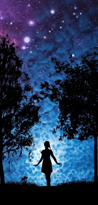 Silhouette of a girl between trees under a vibrant, starry sky with blue and purple hues.