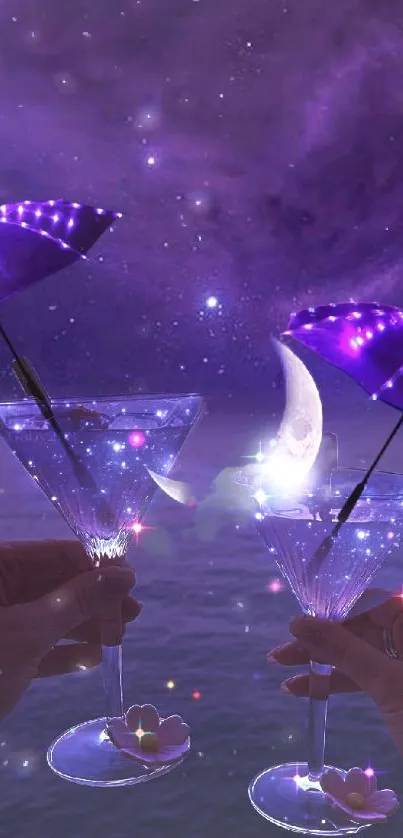 Purple night sky with lit cocktail glasses and starry backdrop.