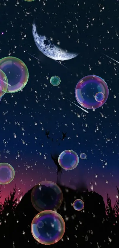 Dreamy night sky with moon, stars, and colorful bubbles wallpaper.