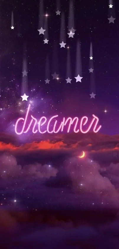 Dreamy night sky wallpaper with neon 'dreamer' text and starry clouds.