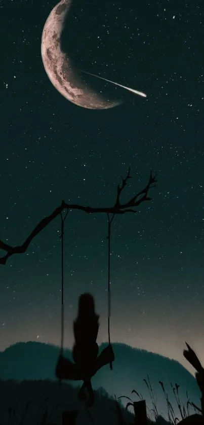 Silhouette on swing under starry night sky with crescent moon.