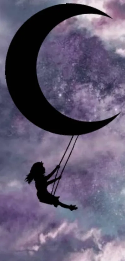 Silhouette swinging on a moon against a dreamy purple sky.