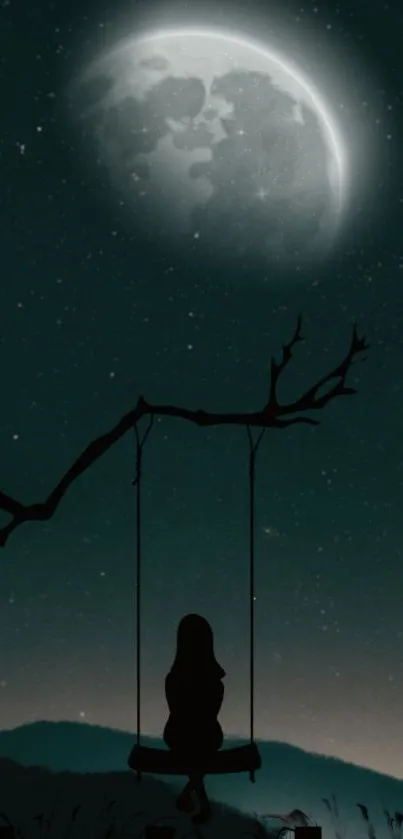 Silhouette on a swing beneath a glowing moon in a starry night sky.