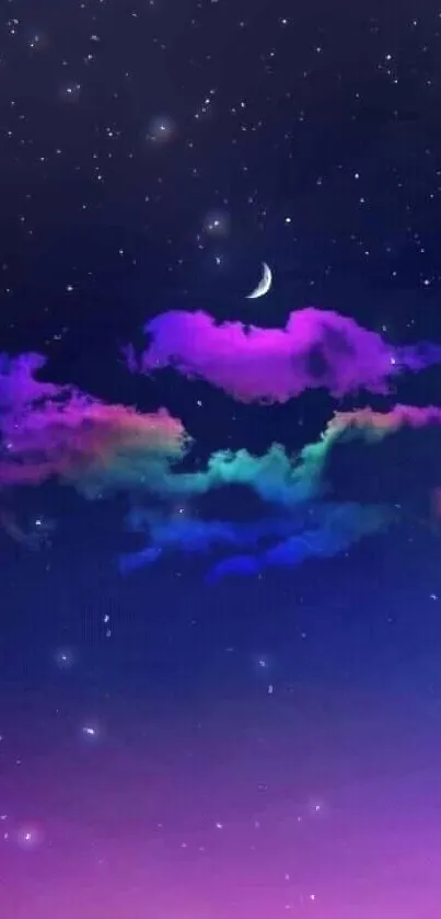 Colorful cloud under a dark night sky with stars and crescent moon.