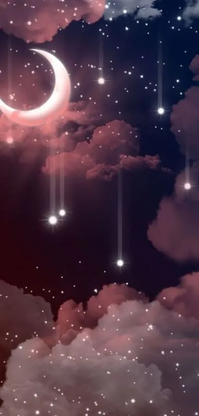 Night sky with crescent moon and stars over pink clouds.